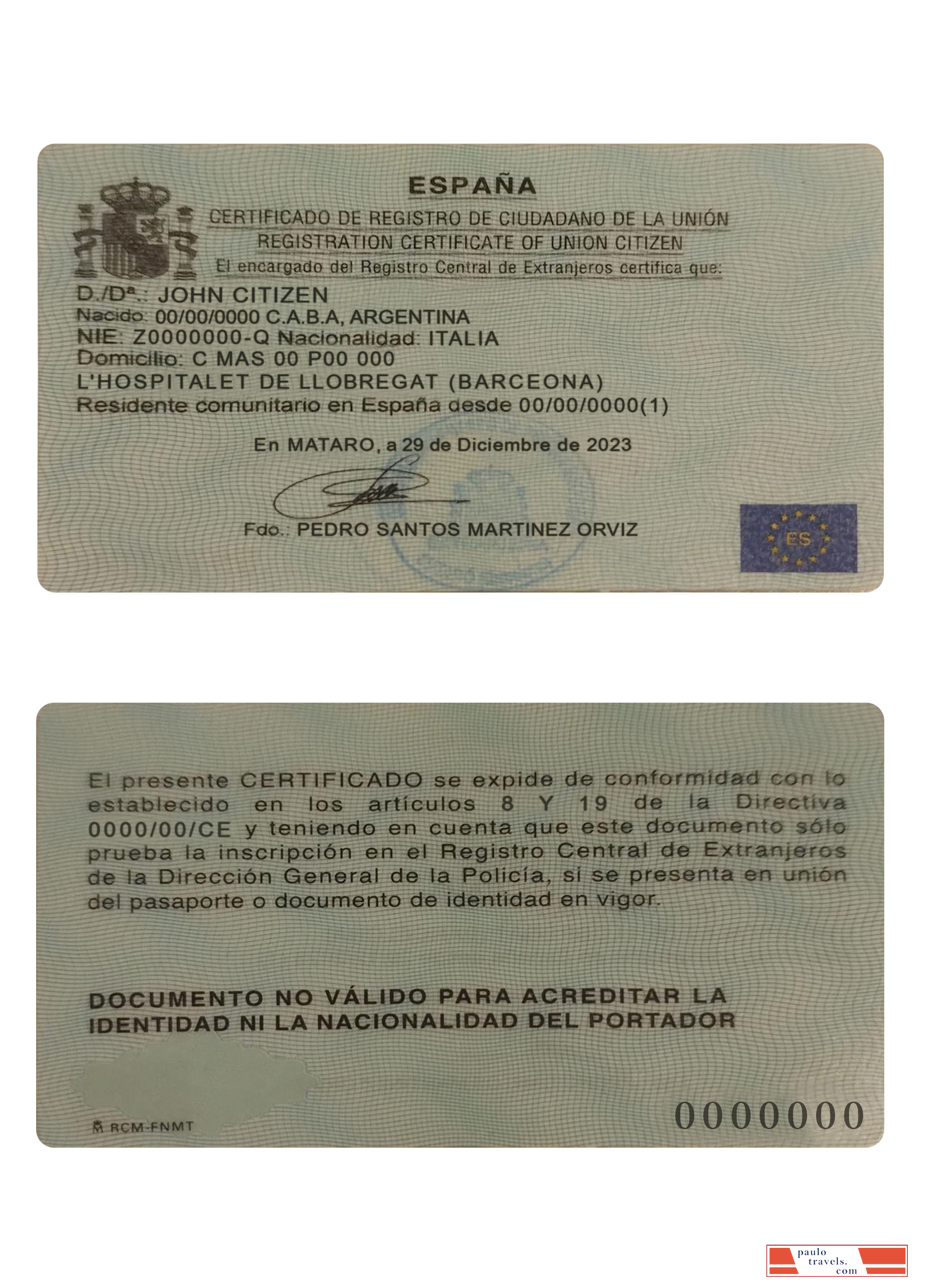 Spain registration certificate of union citizen
